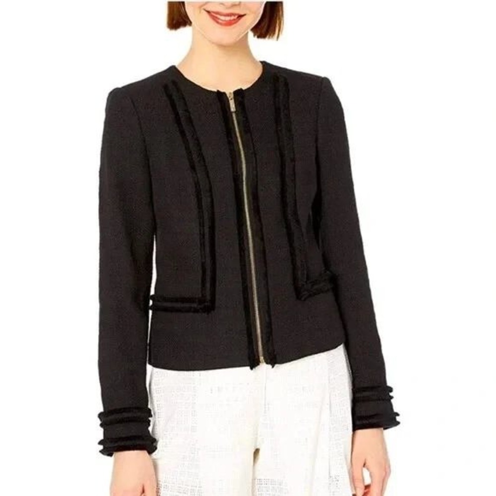 Karl Lagerfeld Women's Tweed Preppy Academia Career Zip Front Blazer Jacket Sz M